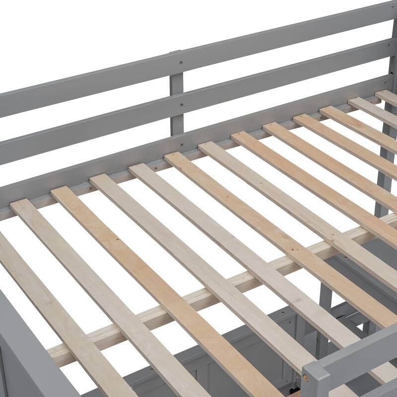 Twin Loft Bed, Full Platform Bed with Wheels, Twin Over Full Bunk Bed with Writing Desk, Ladder, Guardrail and 2 Drawers