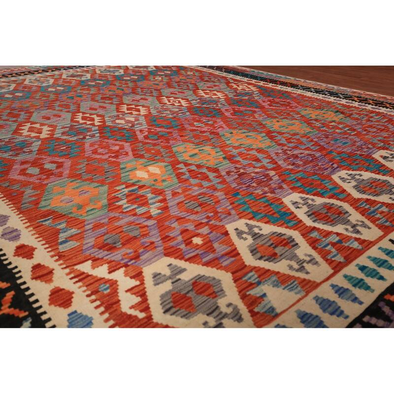 South Western Kilim Area Rug Hand-Woven Wool Carpet - 9'8" x 13'3"