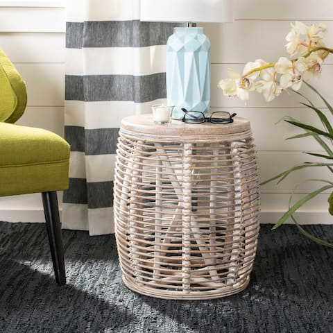 SAFAVIEH Maui Rattan White Washed Drum Stool Accent Table - 17.7" x 17.7" x 18.9"