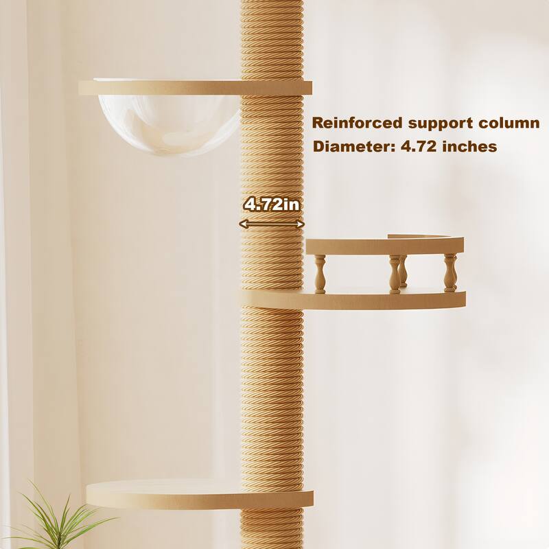 Floor to Ceiling Cat Tree, Cat Tower with Scratching Post, Adjustable Height(98-110 Inch), Large Wood Condo Cave Bed - Natural