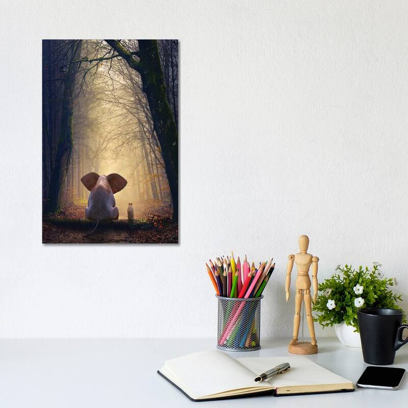 iCanvas "Elephant And Dog Sit In The Autumn Forest" by Mike Kiev Canvas Print - 12x8x0.75