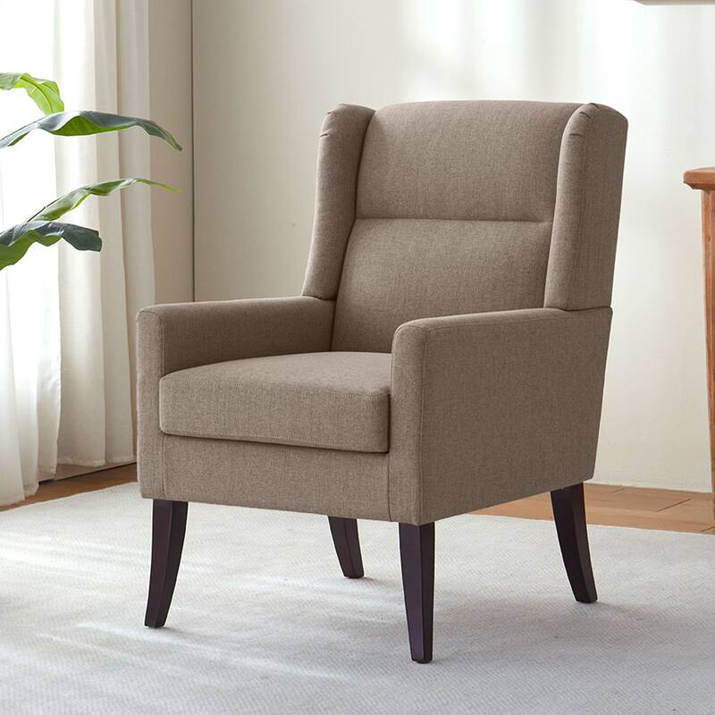 Set of 2 Modern Upholstered Accent Chairs with High Back and Wooden Legs – Grey/Beige/Brown