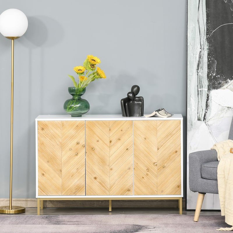 HOMCOM Modern 3 Door Accent Sideboard Storage Cabinet with Chevron Pattern and Adjustable Shelving, Natural Wood - Natural - 47.25"x15.75"x32.25"H