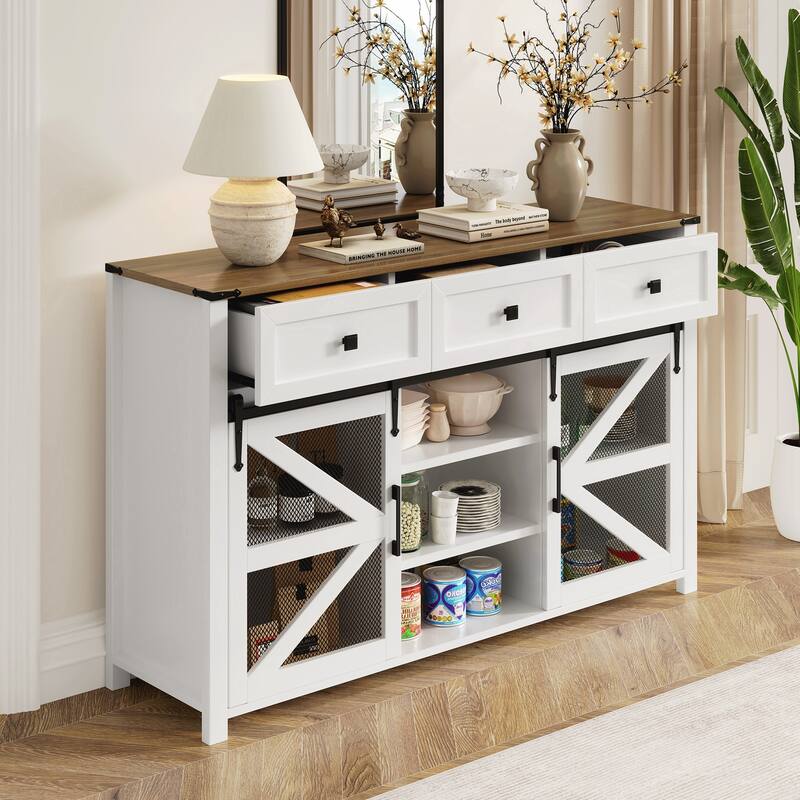 Sliding Barn Door Sideboard Buffet Cabinet with 3 Drawers, Adjustable Shelves