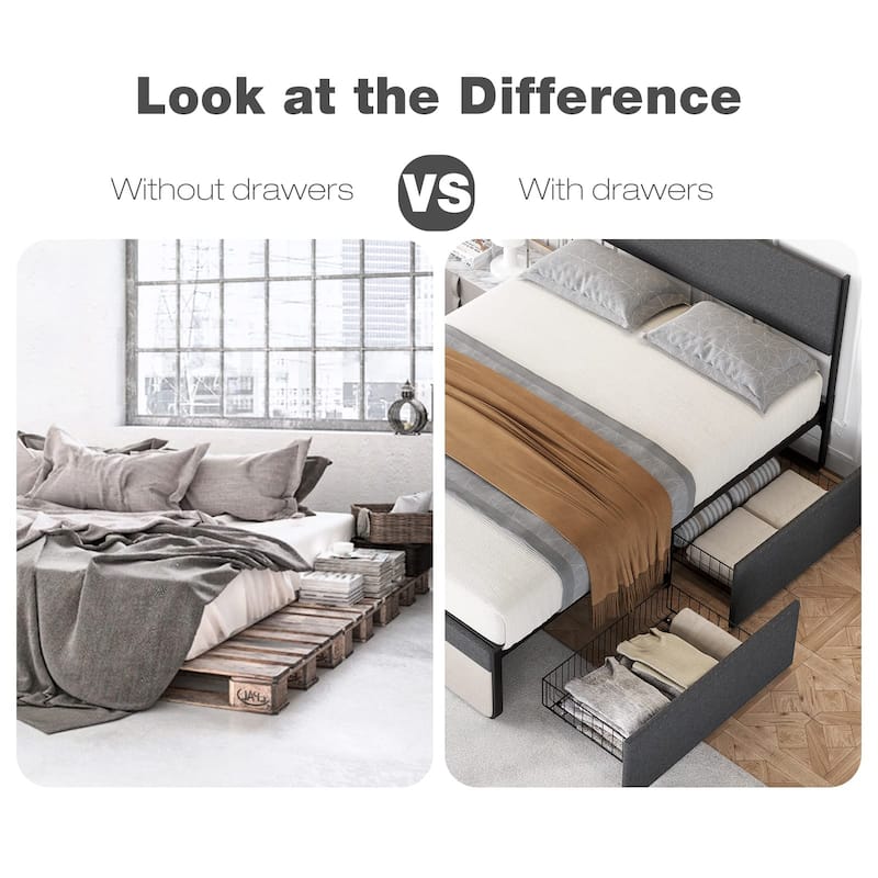 Bed Frame With 2 Storage Drawers And Upholstered Headboard