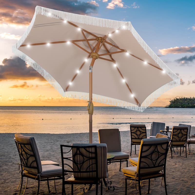 Ainfox 7FT Outdoor Patio Umbrella with Tilt Fringe Tassel Umbrella with LED Solar Lights - Khaki