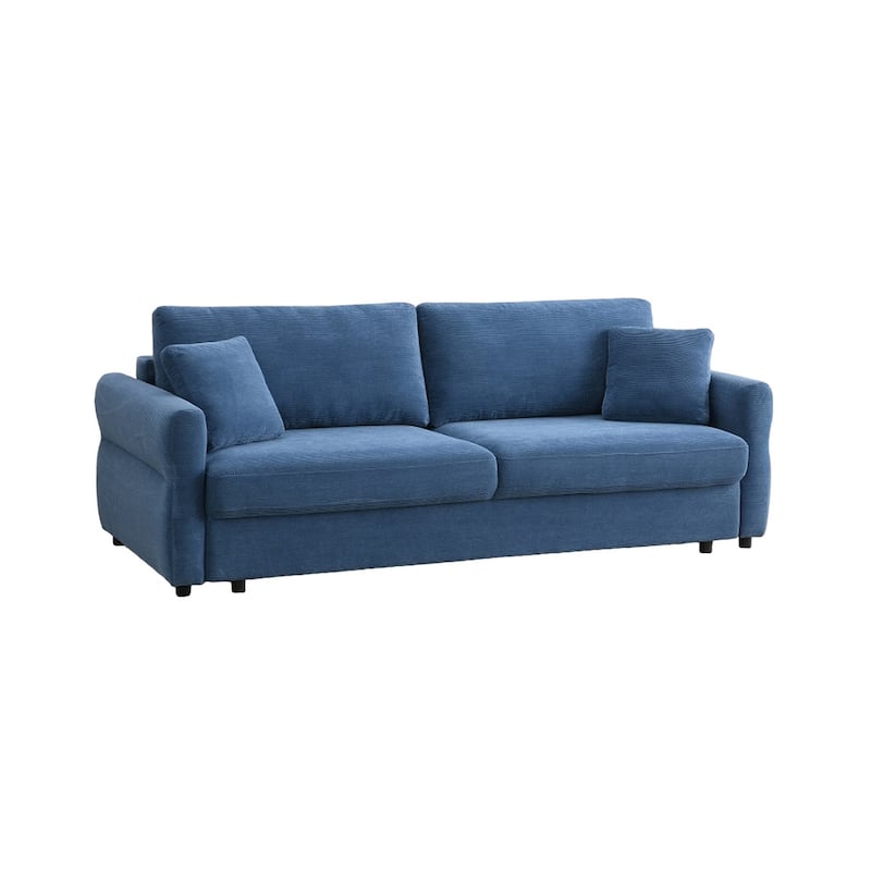 Sofa with Queen Size Pull Out Sleeper, 92 Inch Wood Frame, Blue Fabric