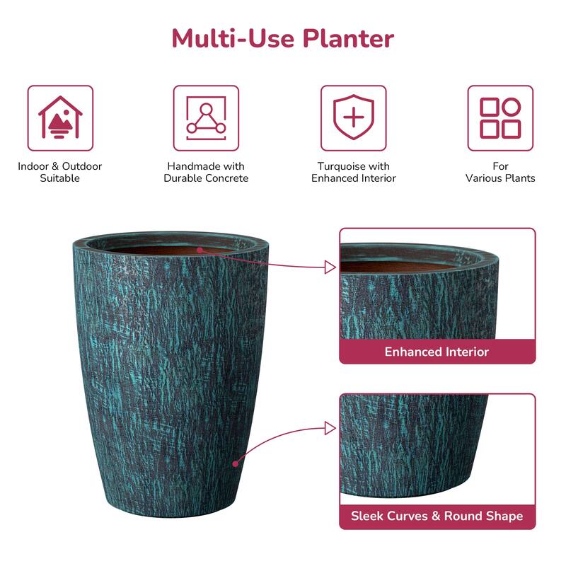 Concrete Tall Round Planter with Floral Pattern with Drainage Holes