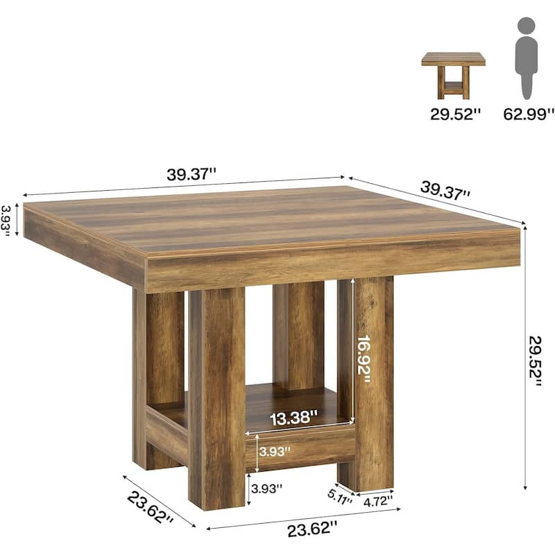 Square Dining Table for 2-4, 39-inch Farmhouse Small Kitchen Dinner Table with Storage Shelf