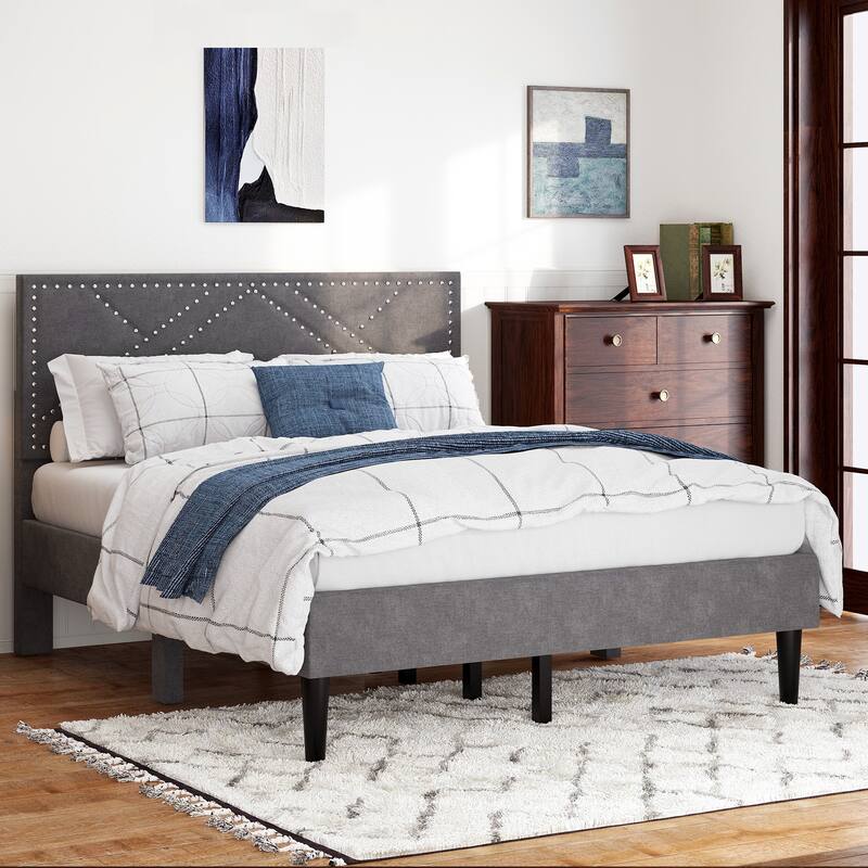 Linen Fabric Storage Bed Frame, Wooden Slats Support, Upholstered Platform Bed with Wingback Storage Headboard - Carbon Gray - Queen