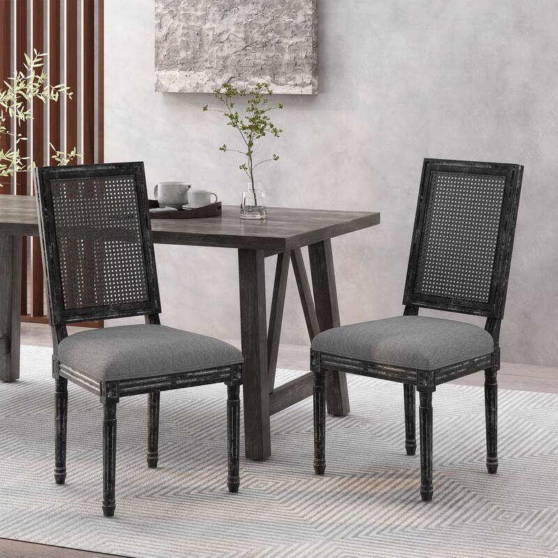 [Set of 2]Dining Chairs -Elegant Backrest & Upholstered Seats with Fluted Legs -Rustic Weathered Finish -Rubberwood Frame