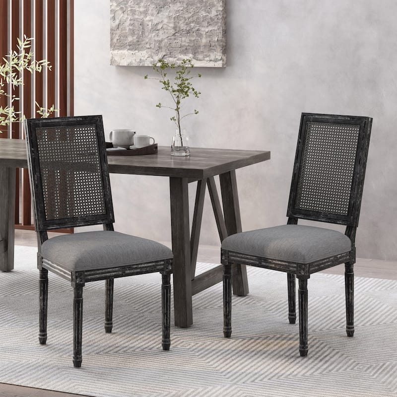 French Country Dining Chairs Set of 2 - Upholstered Fabric Seats with Cane Back & Rubberwood Legs