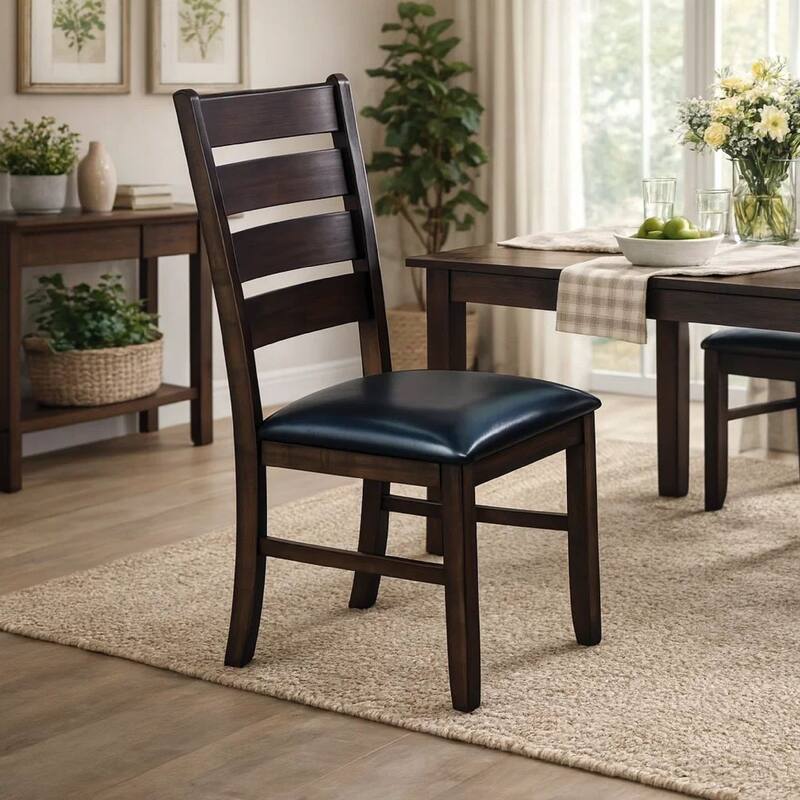 Ladder Back Wooden Side Chair with Leatherette seat, Set of 2, Black and Brown