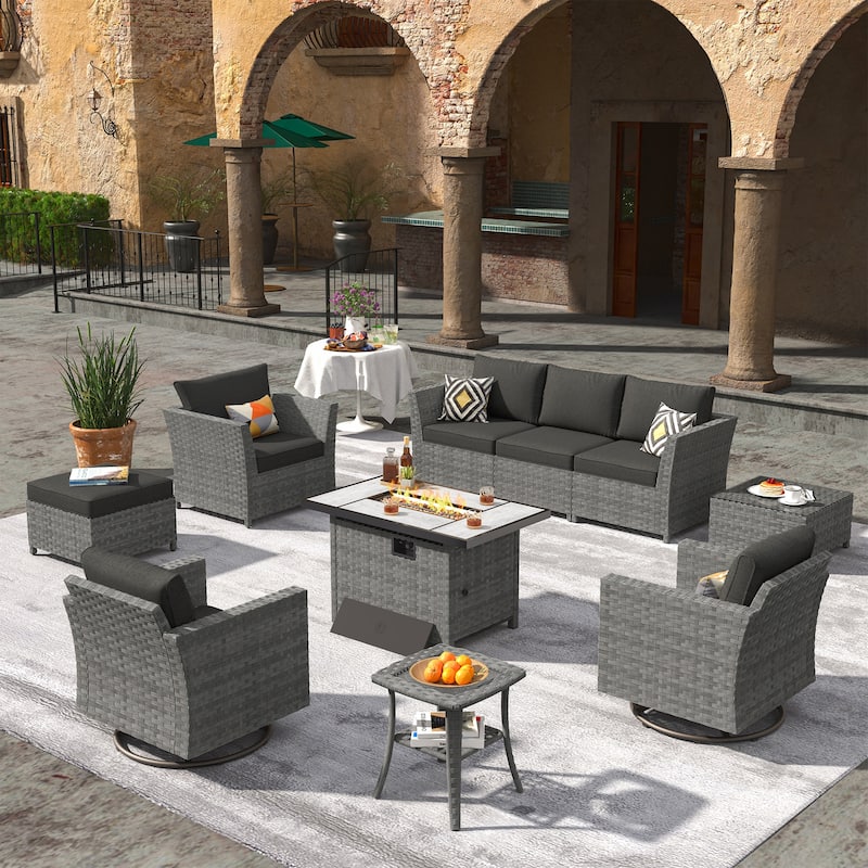 XIZZI 10-piece Outdoor Furniture Set Swivel Rocking Chair with Fire Pit - Black