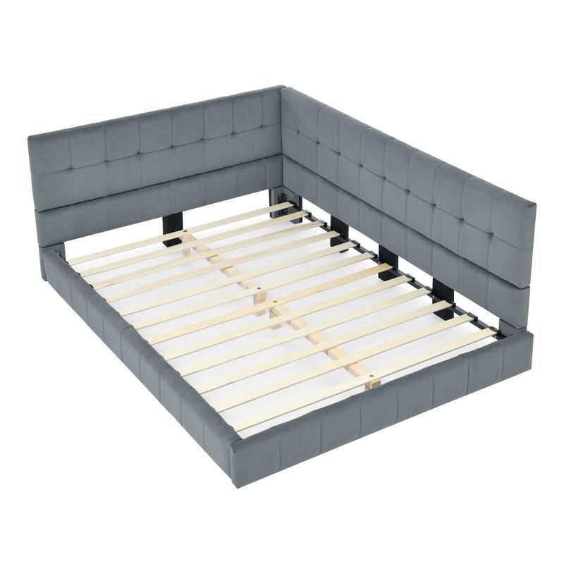 Full Size Upholstered Tufted Bed Frame, Sofa Bed Frame with Comfortable Backrest and Armrests