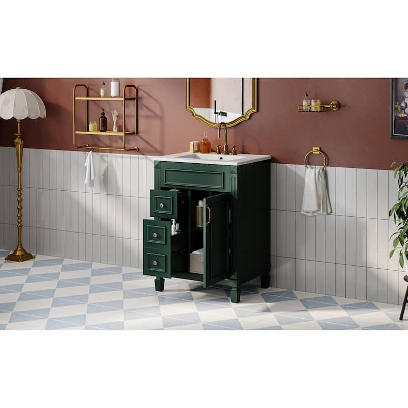 24" Bathroom Vanity With Ceramic Sink, Small Bathroom Sink Cabinet, Modern Cabinet With 2 Drawers And Adjustable Shelf