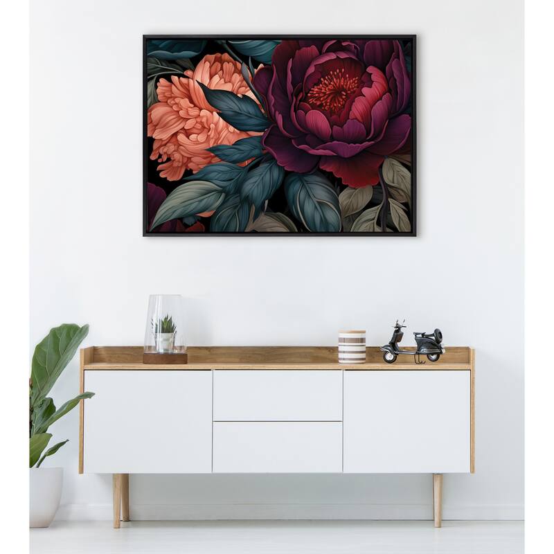 Kate and Laurel Sylvie Dark Academia Floral in Rich Jewel Tones Framed Canvas by The Creative Bunch Studio