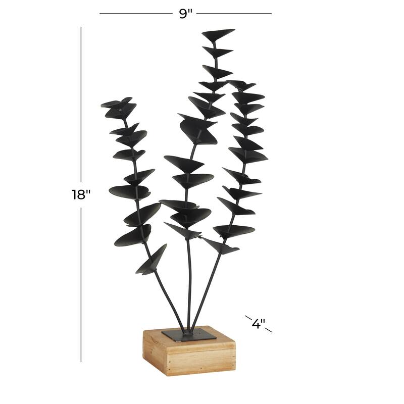 Black Metal Leaf Decorative Sculpture with Wood Base