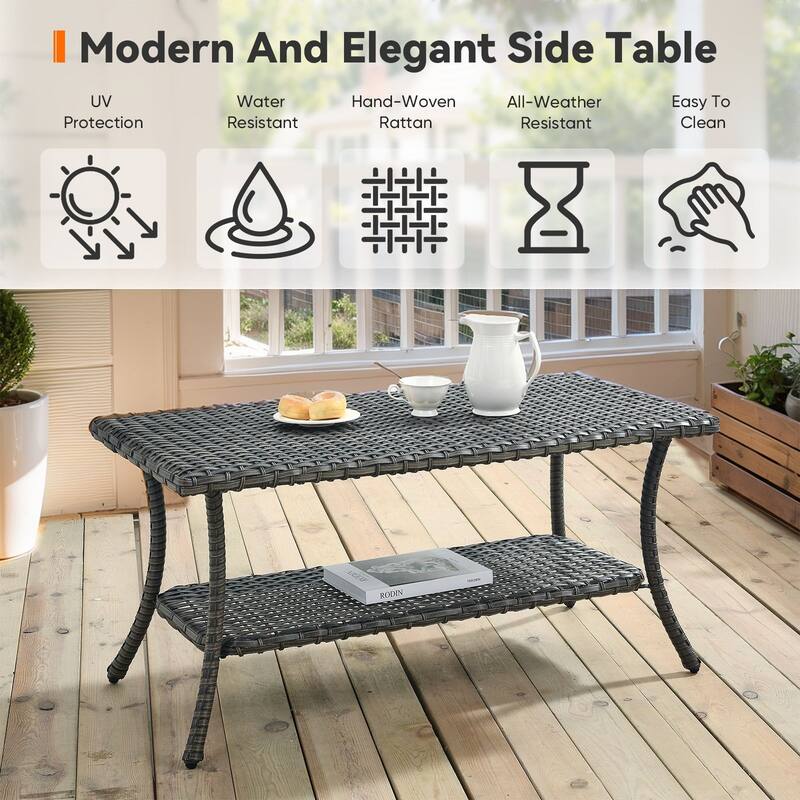 Meina Brown Wicker Rectangular Outdoor Coffee Table with Lower Wicker Storage Shelf - Grey