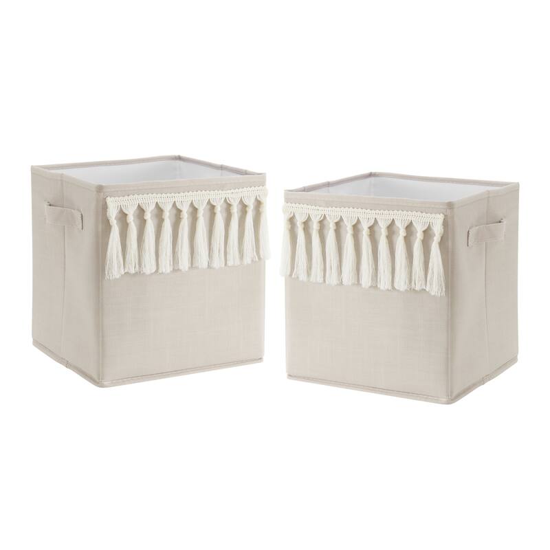 Boho Bohemian Foldable Fabric Storage Bins - Solid Taupe Beige Ivory Cream Off White Linen Farmhouse Shabby Chic Fringe Neutral