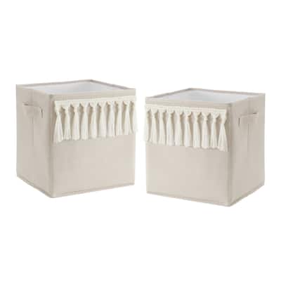 Boho Bohemian Foldable Fabric Storage Bins - Solid Taupe Beige Ivory Cream Off White Linen Farmhouse Shabby Chic Fringe Neutral