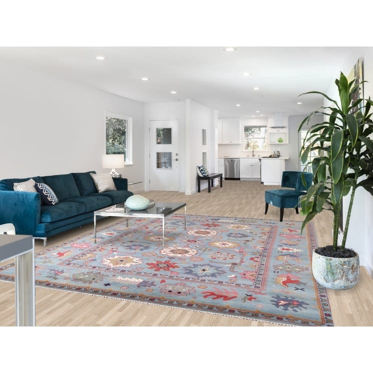 Light Blue Oushak Area Rug Hand-Knotted Oriental Wool Carpet - 8'3"x 9'10"