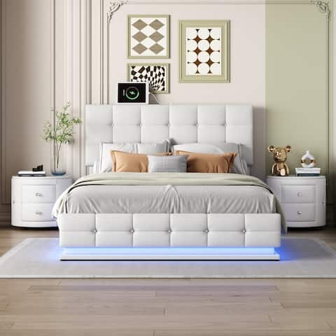 3-Piece Queen Size Bedroom Sets,with Upholstered Bed w/LED Lights,2 Nightstands
