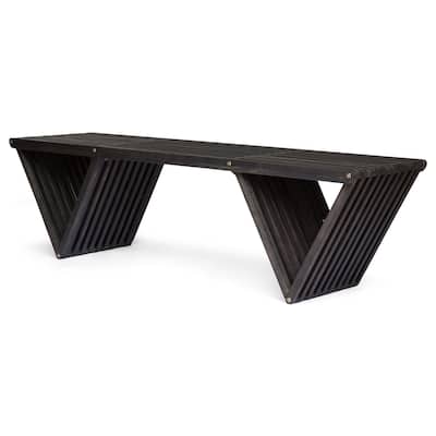 Riah Outdoor Bench, Angled Legs, Slatted 63 Inch Dark Gray Acacia Wood