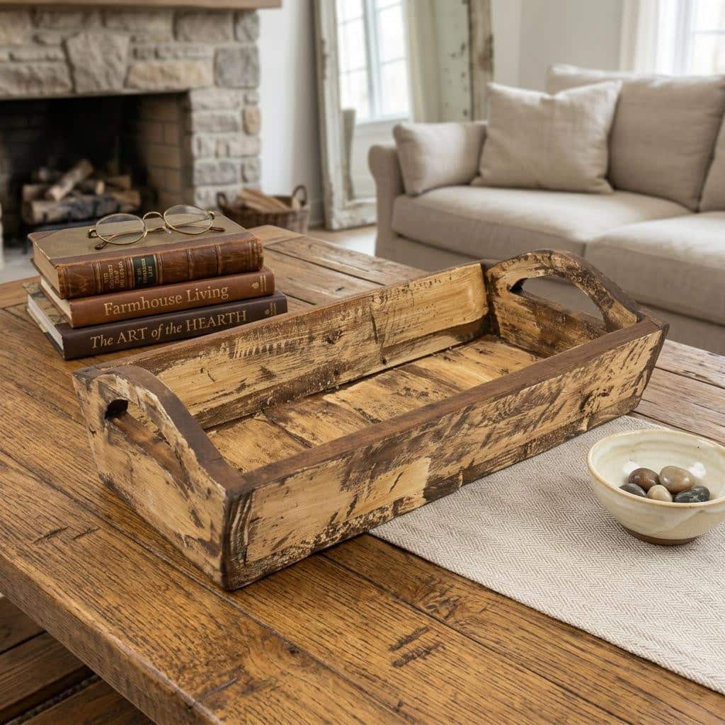 HomeRoots 20" Antiqued White And Brown Reclaimed Wood Handmade Serving Tray With Handles - 20.00 in. x 7.00 in. x 9.00 in.