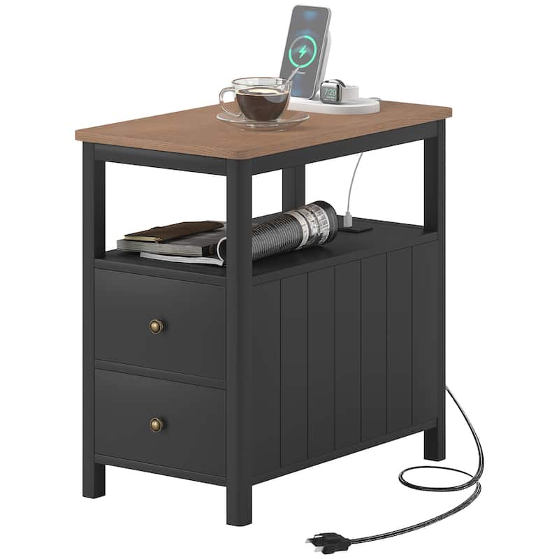 Modern Narrow Design End Table with Power Outlets and Two Drawers Display Shelf - 14.2"L x 23.6"W x 23.8"H