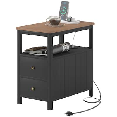 Modern Narrow Design End Table with Power Outlets and Two Drawers Display Shelf - 14.2"L x 23.6"W x 23.8"H