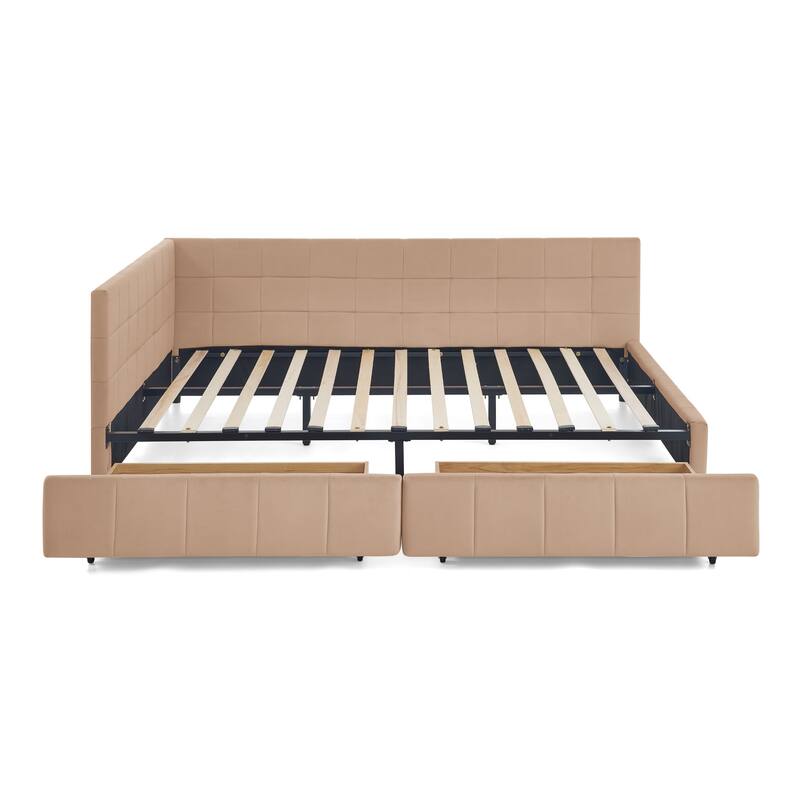 Queen Size Platform Bed with Storage Drawers and Unique Armrest Design