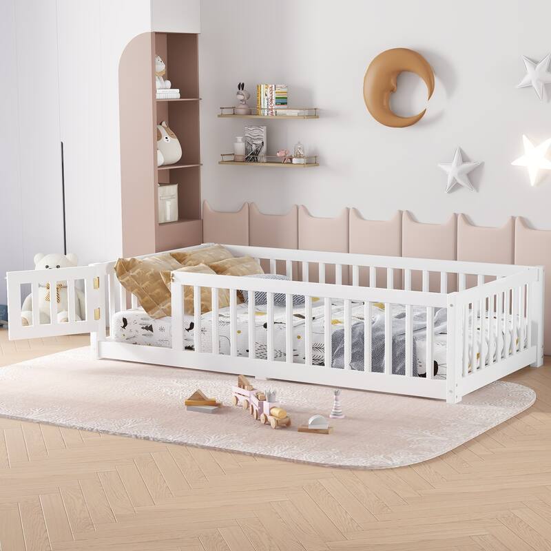 Montessori Toddler Floor Bed with Fence and Switchable Door, Low Profile Bed Frame with Removable Slats, Safe Transition Bed