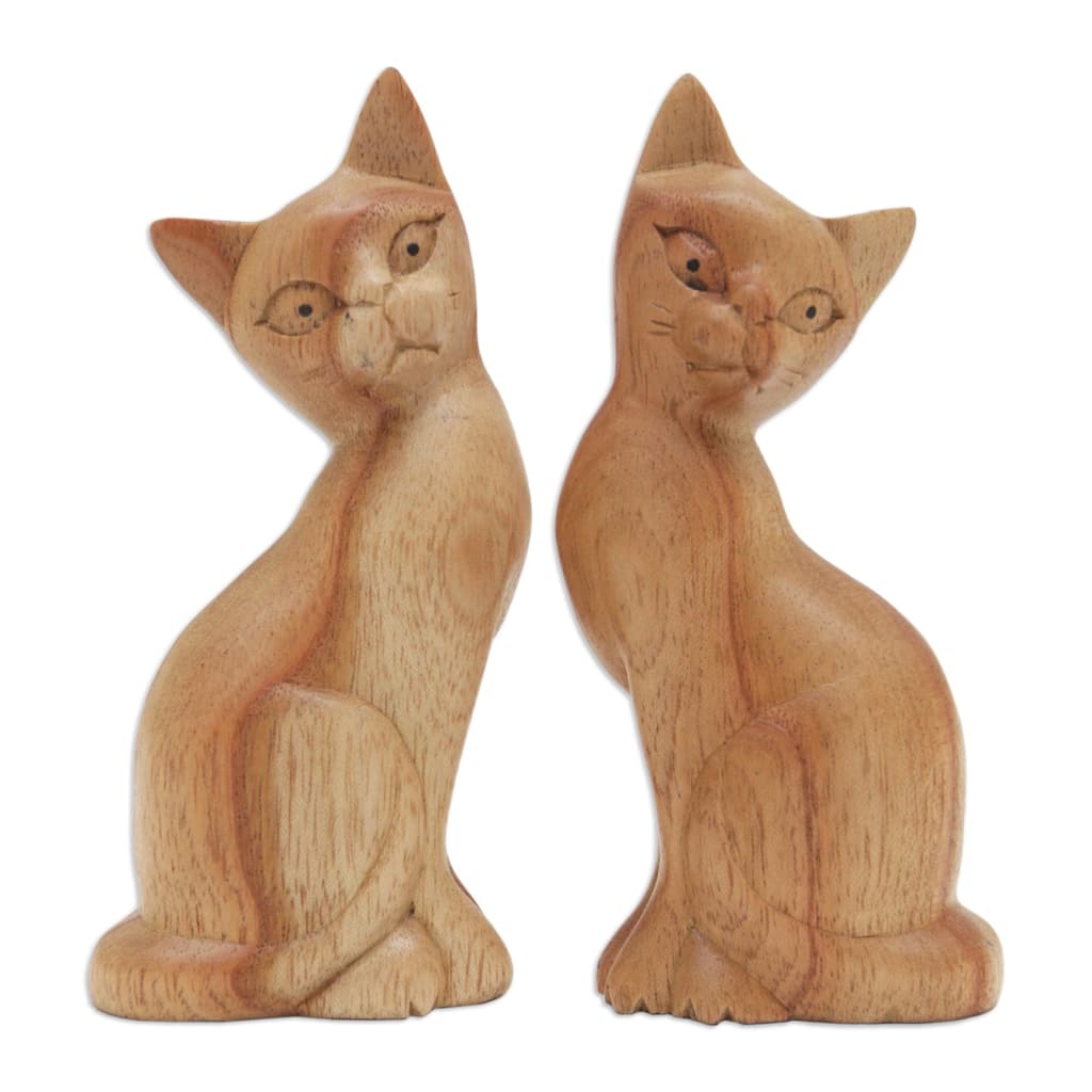 Novica Handmade Feline Twins Wood Sculpture (Pair)