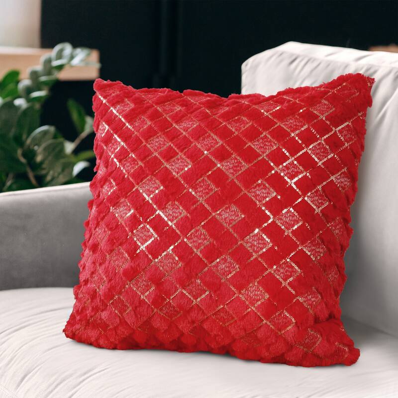 Checker Embroidered Pillow with Sequins - Red