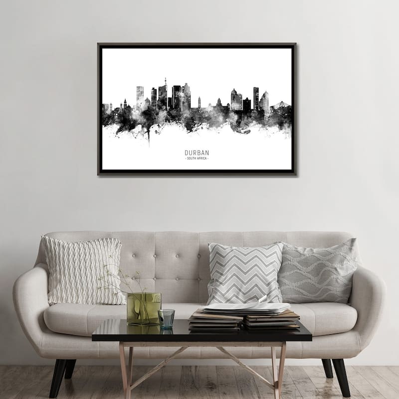 iCanvas "Durban South Africa Skyline Name Bw" by Michael Tompsett Framed