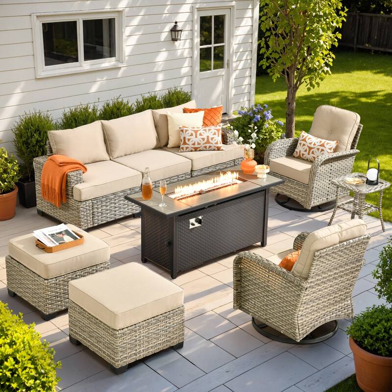 OVIOS 9 Pieces T shaped Seat Curved Swivel Chair Set With Fire Pit - Beige