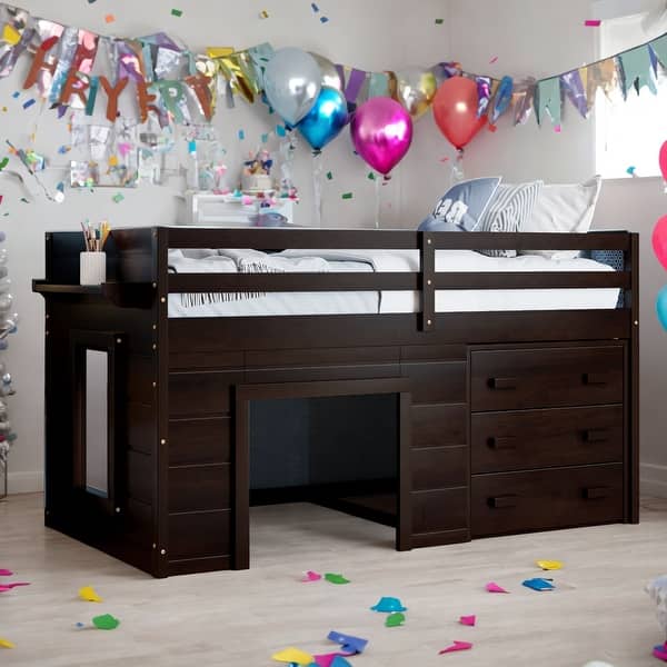 slide 2 of 19, Contemporary Design Twin Size Loft Bed with Cabinet and Shelf, Maximized space, Solid Construction & Versatility Galore, Black