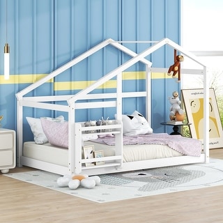 Wooden Twin Size House Bed Frame with Roof & Shelf, Twin Montessori Floor Bed for Kids, Solid Wood Slats, No Box Spring Needed