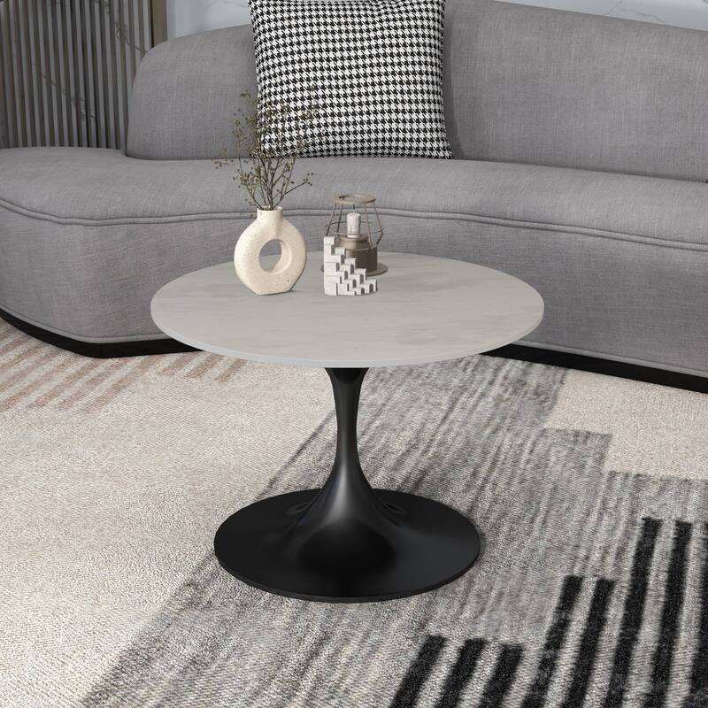 LeisureMod Verve 27" Round Coffee Table with Resin TableTop and Black Steel Base for Living & Bedroom