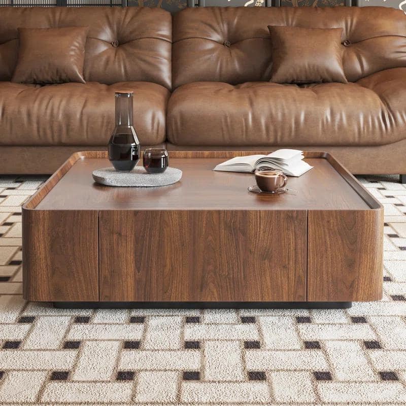 Industrial Walnut Coffee Table with Hidden Drawers - 39.37"x39.37"x12.6"