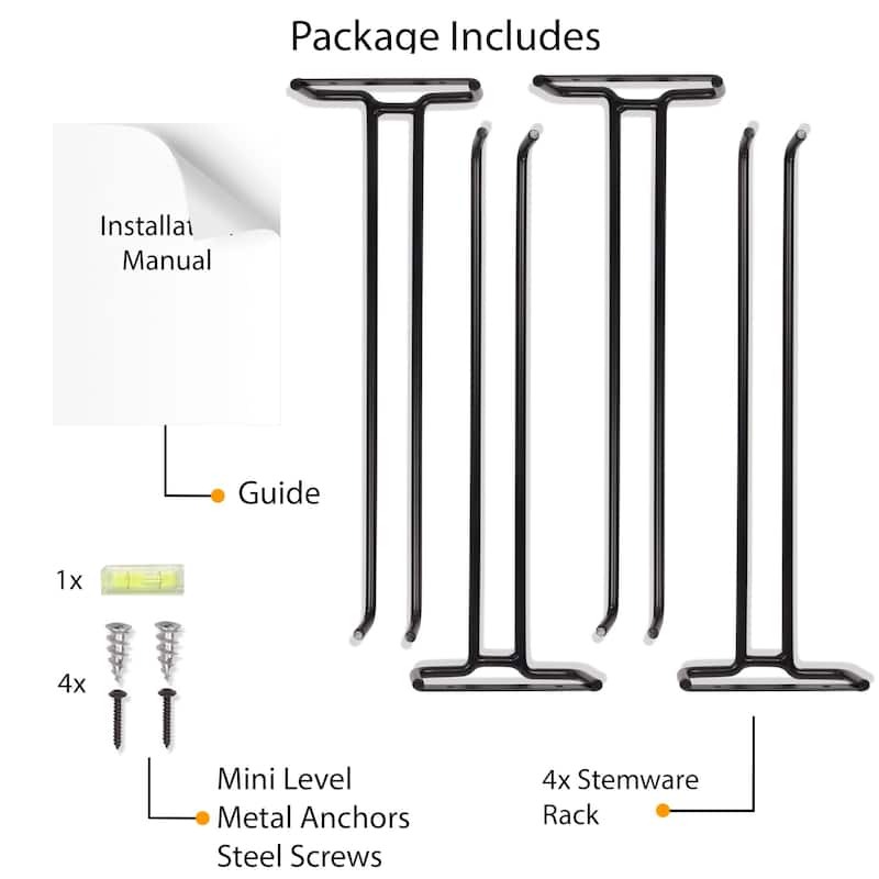Wallniture Chiraz 11" Glass Rack Wall Mount, Black, Set of 4