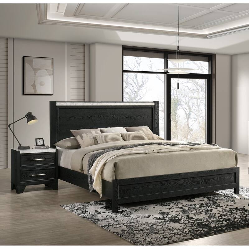 Black Queen Panel Bed with Faux Marble Accents, Modern Contemporary Style, Mattress Ready