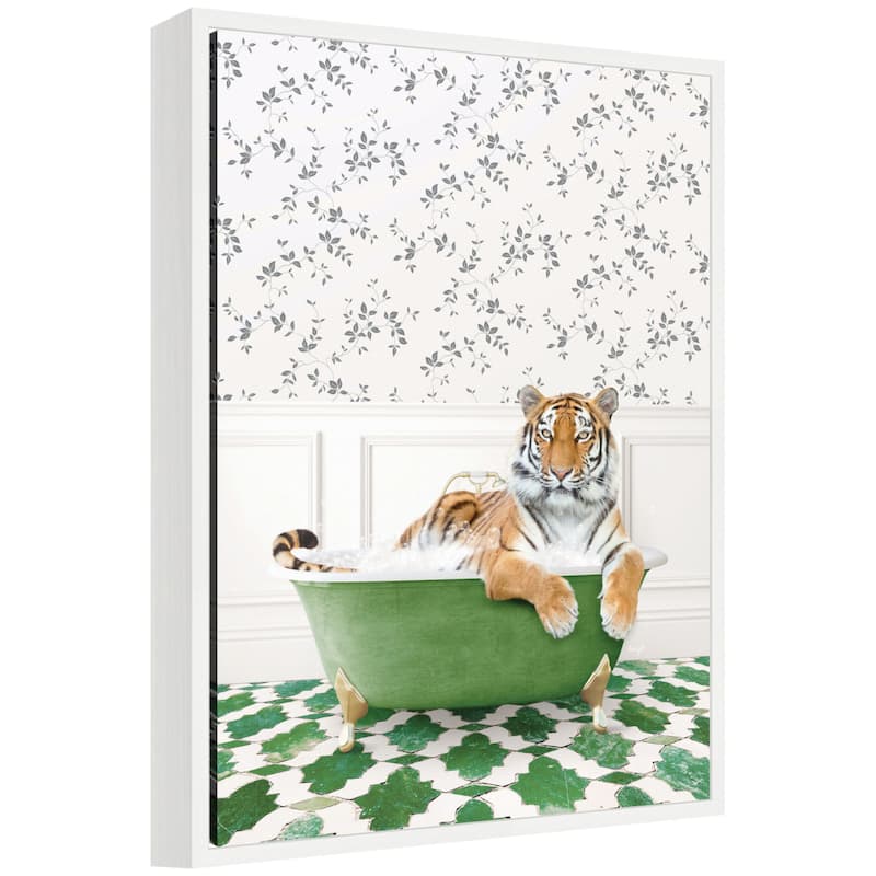 Kate and Laurel Sylvie Tiger in Eclectic Green Bathtub Framed Canvas by Amy Peterson - White