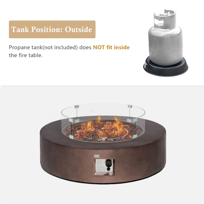 COSIEST 42'' Outdoor Round Propane Fire Pit w Wind Guard and Fire Glass