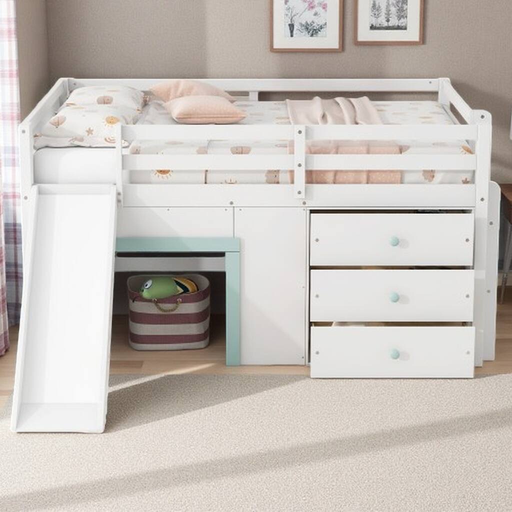 Kids Low Loft Bed with Cabinets, Slide & Drawers - Full Size White Wood Frame