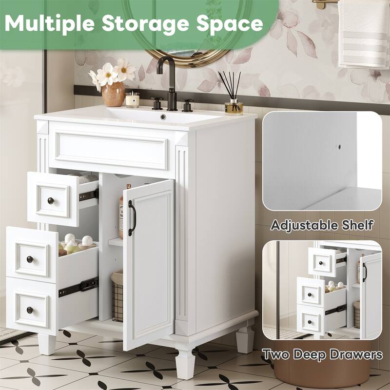 24" Bathroom Vanity with Ceramic Sink with 2 Drawers and Adjustable Shelf