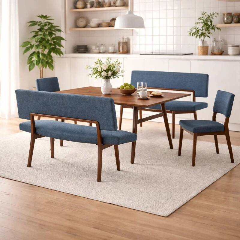 Yumi 5 Piece Dining Table Set, Chairs and Benches, Blue Fabric, Wood Brown