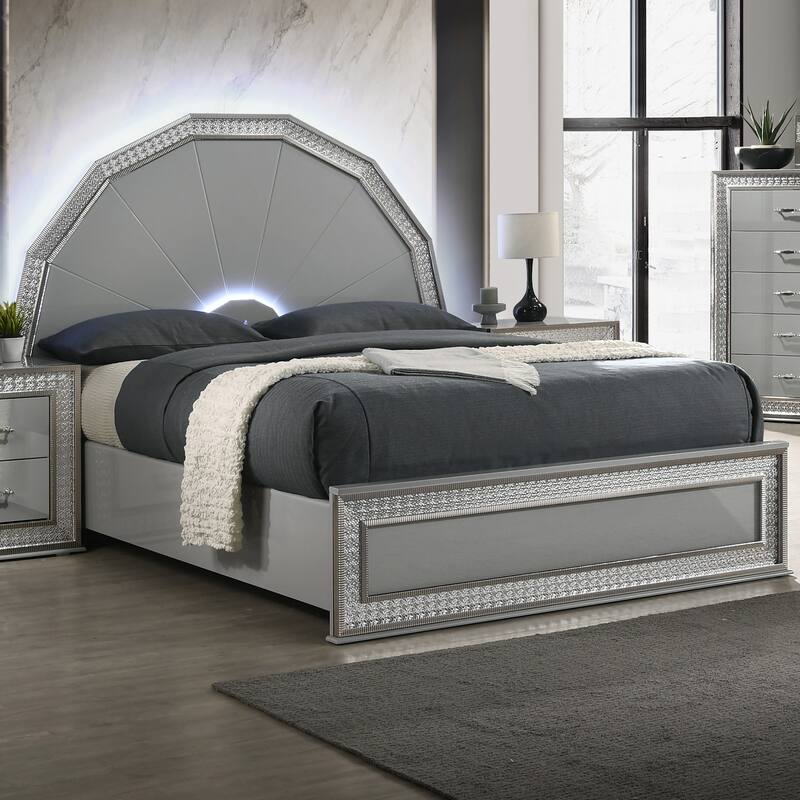 Furniture of America Rosdale Glam Metallic Grey Wood Platform Bed with Backlit LED on Headboard