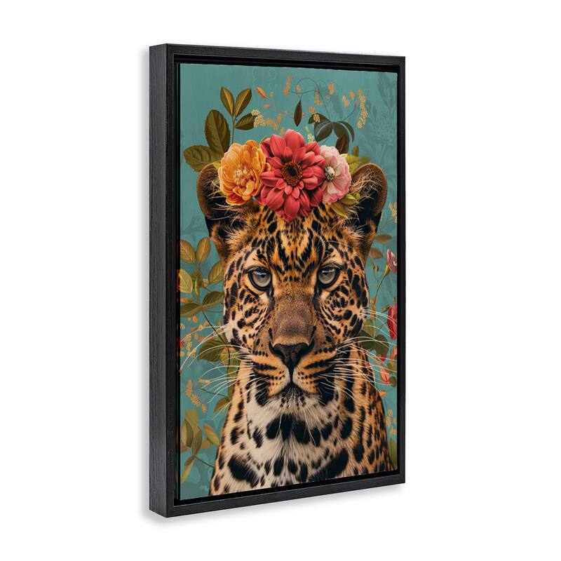 Stupell Floral Crown Wild Cheetah Framed Floater Canvas Wall Art Design By LSR Design Studio